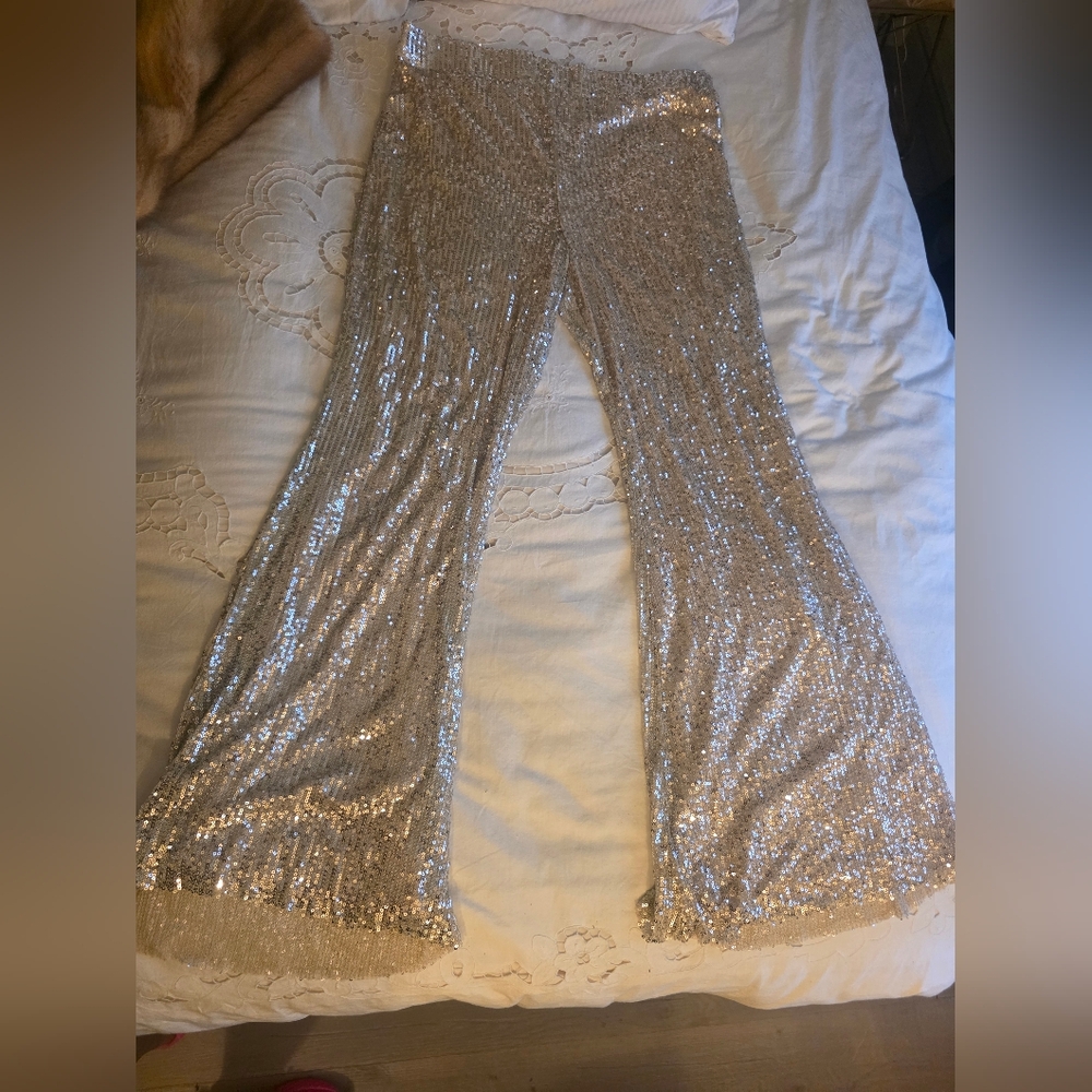 Forever 21 Silver Sequin Flared Pants – Lined, Stretchy, Slip-On